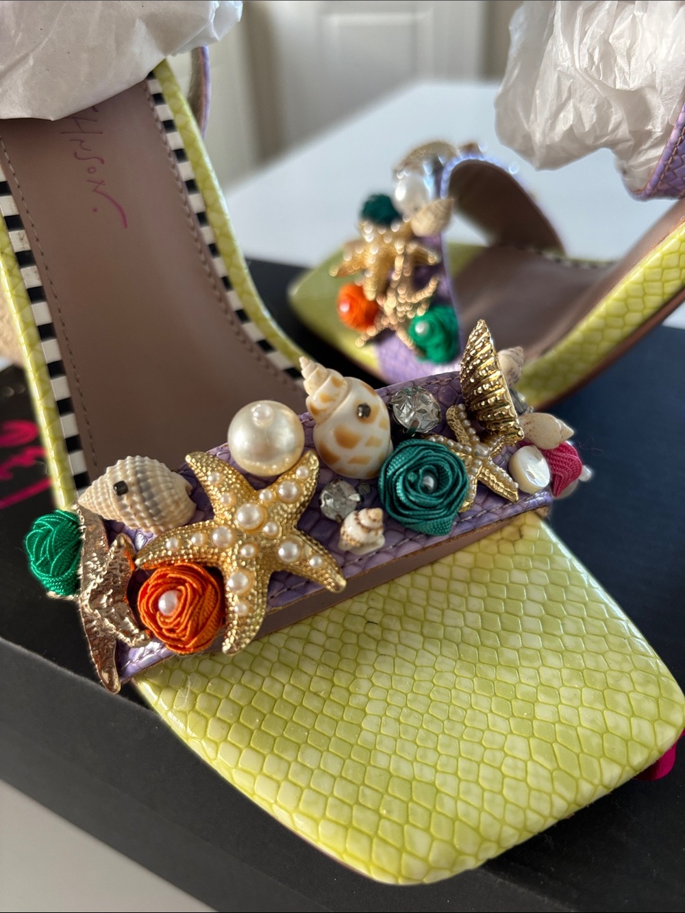 Betsey Johnson Yellow & Purple Floral Pearl Embellished Block Heel Sandals - Picture 3 of 11